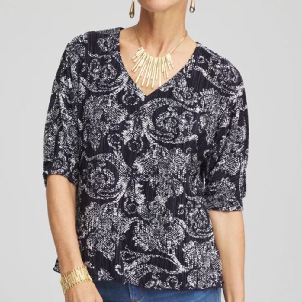 Chico's Size 4 Top Snakely Crinkle V Neck Navy Snakeskin Print Blouse Women XXL